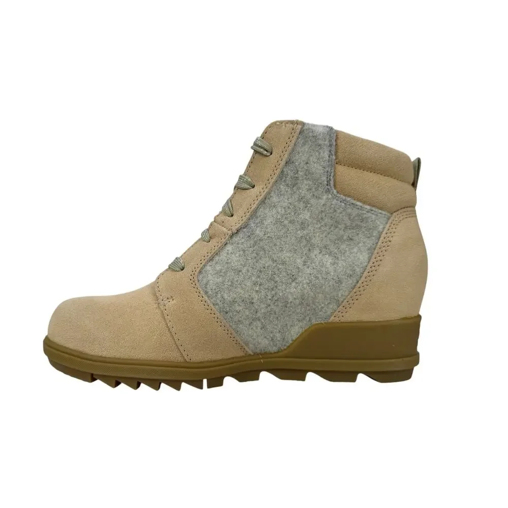 Sorel Evie Ankle Lace Boots Wedge Womens 8 WP Suede Wedge‎ Ceramic Natural